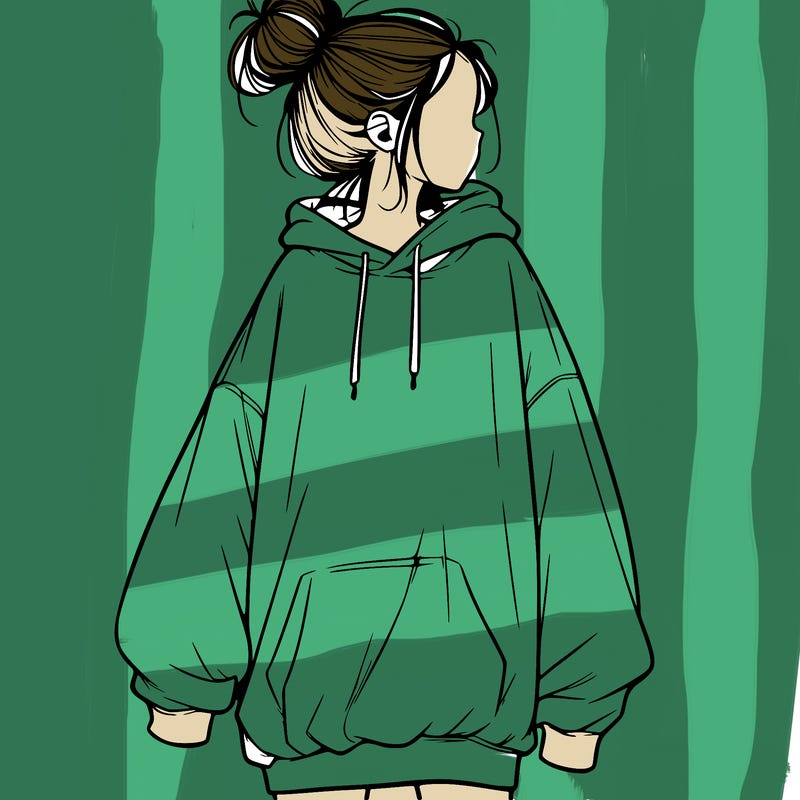 realistic girl with a oversized sweatshirt on and a bun