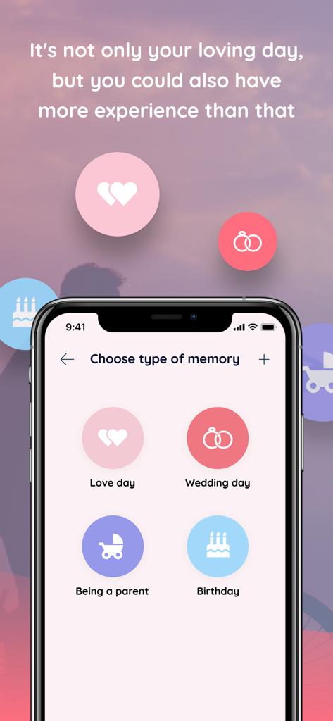 MeLove app interface for choosing memory types including love day wedding parent and birthday milestones
