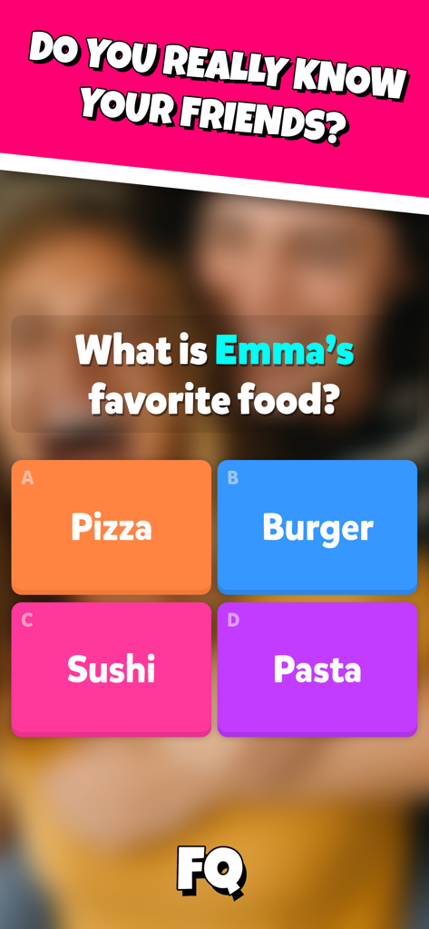Screenshot of Friends Quiz app showing a multiple choice question about a friend's favorite food with four options