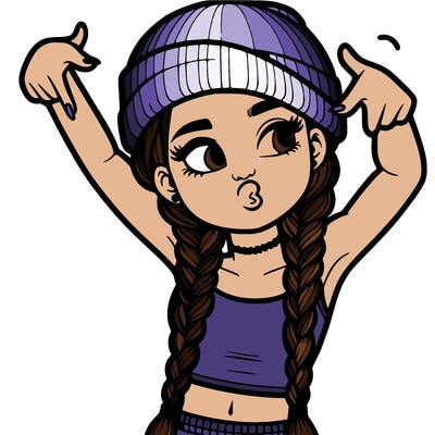 realistic teenage girl with braids and a beanie and crop top doing 🫶🏼