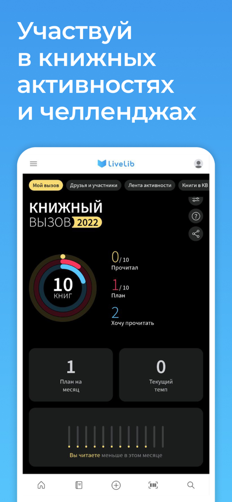 LiveLib mobile app interface showing the reading challenge dashboard with book tracking statistics.