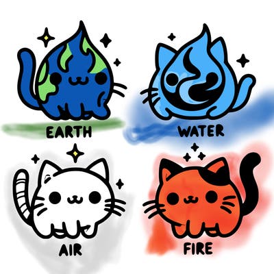 4 cats that represent the different elements, earth, water, air, and fire
