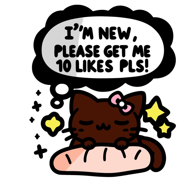 kitty taking a nap dream talking and saying "i'm new, please get me at least 10 likes pls!!"