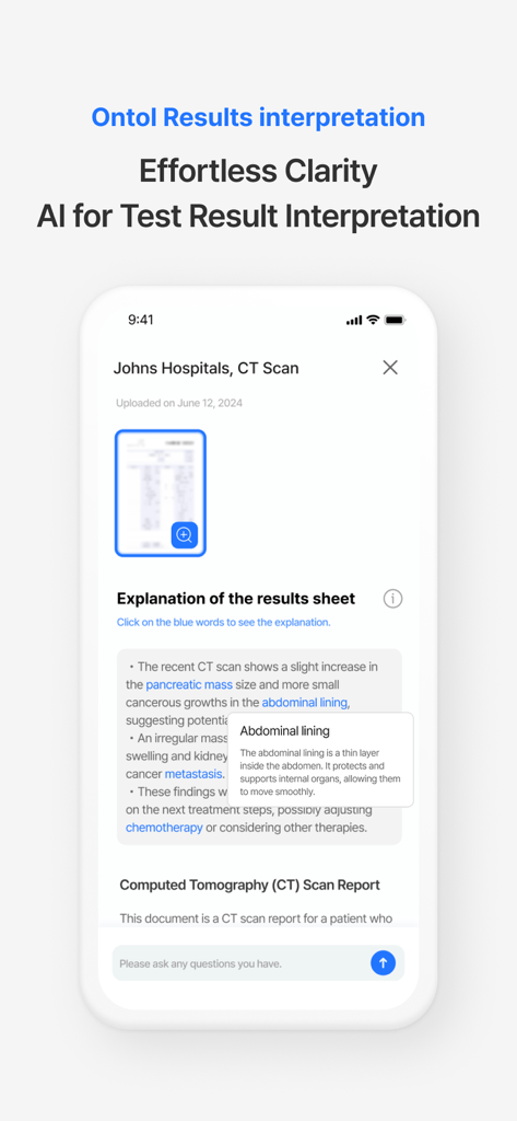 Ontol - Ontol mobile app interface showing AI-powered explanation of a CT scan report with simplified medical terminology