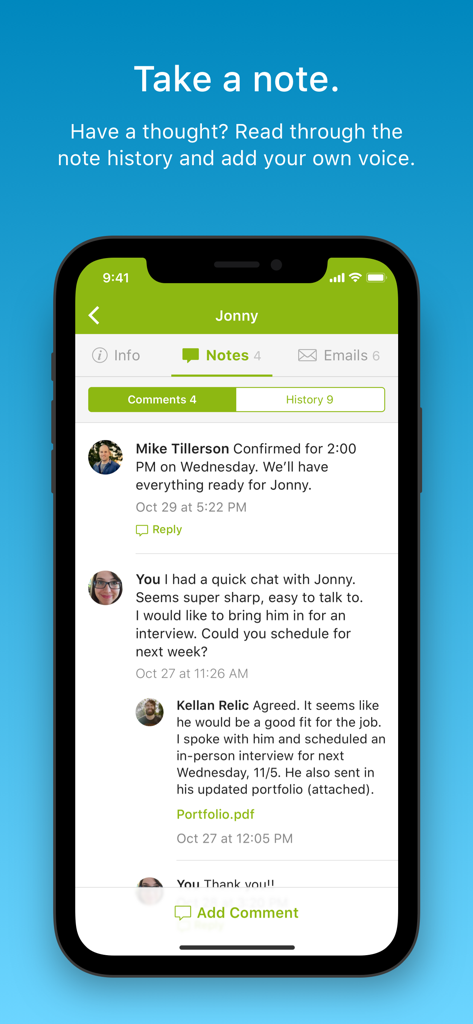 BambooHR Hiring - Mobile screen showing team comments and candidate notes in the BambooHR Hiring app