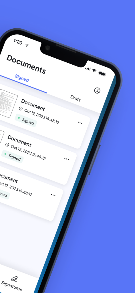 Mobile app interface of SignDocu displaying a list of signed documents on an iPhone.