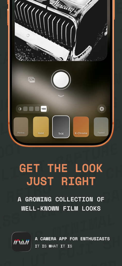 Mobile camera interface of IIWII app showing analog film filter presets and photography tools