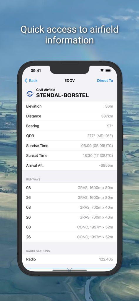 iGlide Advanced - iGlide Advanced app screen displaying detailed information for Stendal-Borstel airfield including elevation runways and radio frequencies