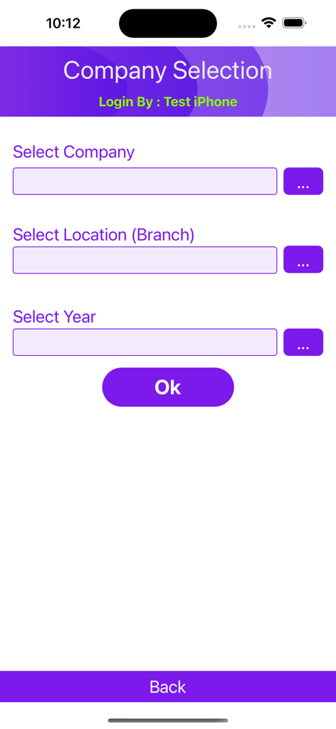 SpiderNet Online ERP System - Interface de sélection d'entreprise et de succursale pour l'application mobile SpiderNet Online ERP System.