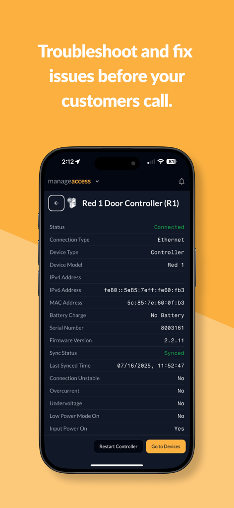 PDK Access by ProdataKey - Pantalla de solución de problemas de la aplicación PDK Access que muestra el estado del controlador de puerta y diagnósticos de red