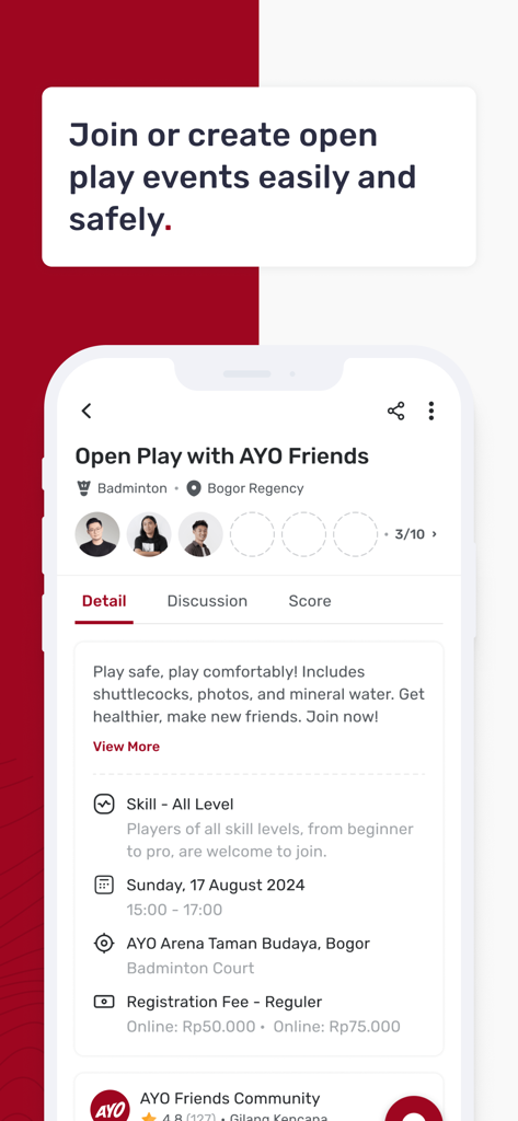 AYO: Super Sport Community App - Écran de smartphone montrant les détails d'un événement de badminton en partie ouverte sur l'application communautaire sportive AYO.