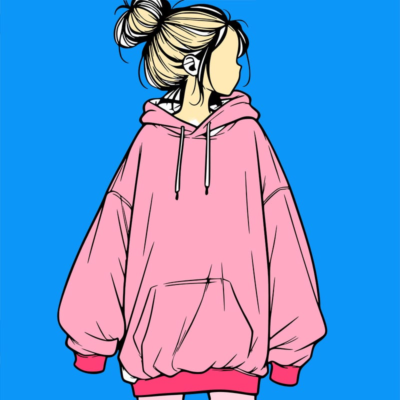 realistic girl with a oversized sweatshirt on and a bun