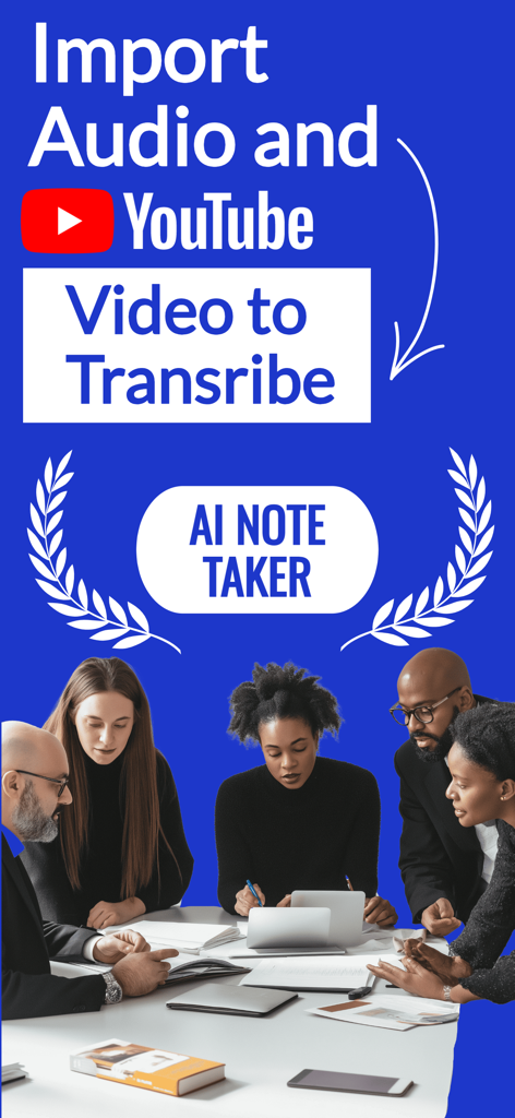 AI Note Taker & Voice Memos - 会議中の多様なプロフェッショナルのグループ。YouTube動画や音声を文字起こしする機能のテキストハイライト。
