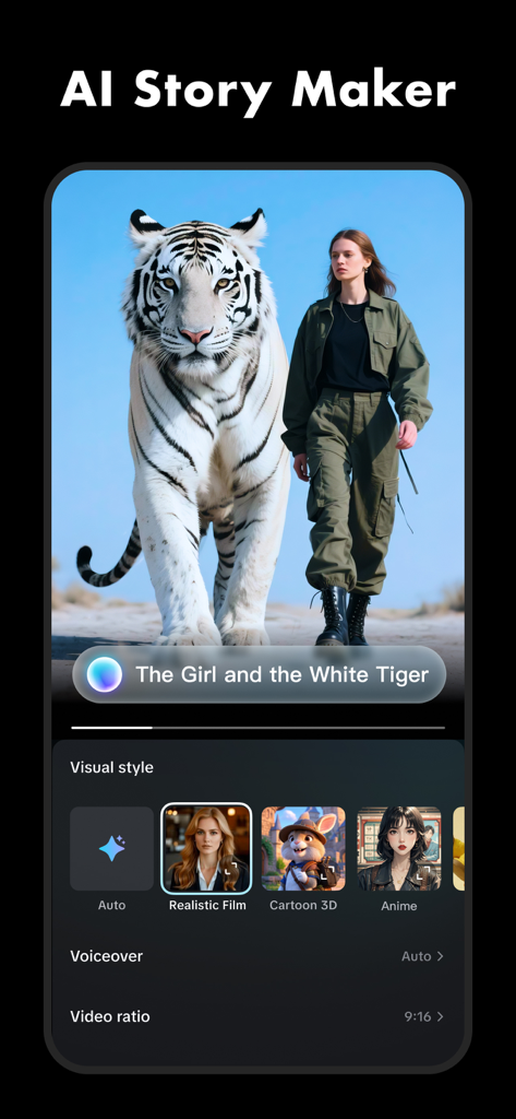 CapCut mobile interface showing the AI Story Maker feature with visual style options and a generated video of a girl walking with a white tiger