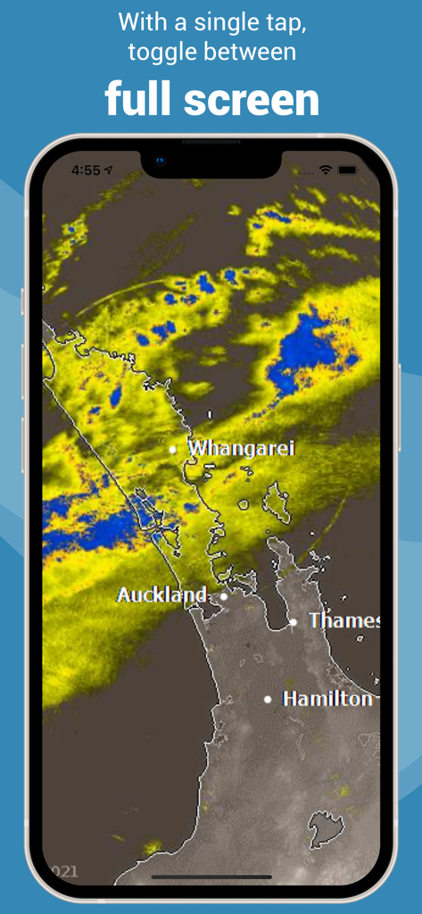 A smartphone displaying a full screen rain radar map of New Zealand