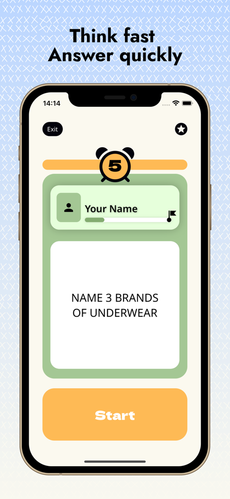 Pantalla de juego de la aplicación de juego de fiesta 5 Second Rule mostrando una pregunta para nombrar tres marcas de ropa interior en cinco segundos.