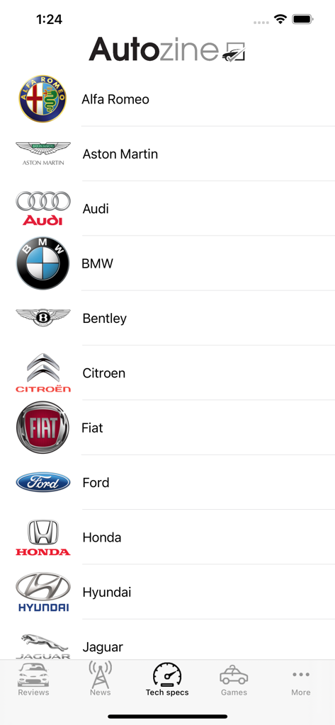 Autozine mobile App-Bildschirm, der eine Liste von Automarken unter dem Tab "Technische Daten" anzeigt
