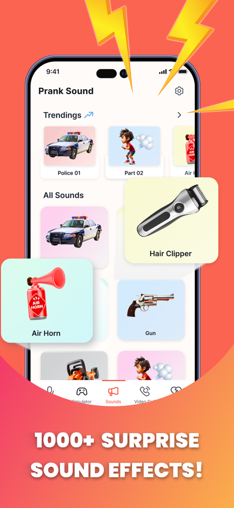 Smartphone screen displaying the OMG Prank App with various prank sound icons like hair clipper and air horn