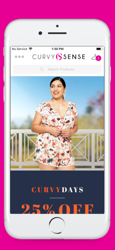 Curvy Sense - Curvy Sense mobile app interface showing plus size fashion and a 25 percent discount offer