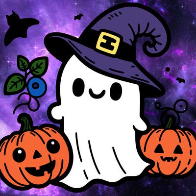 ghost with punkins wearing a witch hat