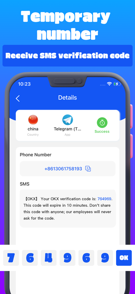 La interfaz de la aplicación SMS 2Number mostrando un número de teléfono chino temporal recibiendo un código de verificación para el servicio OKX.