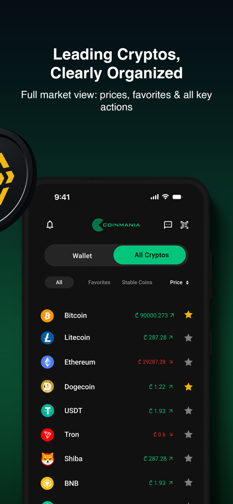 Coinmania app interface displaying a clean list of leading cryptocurrencies and market prices