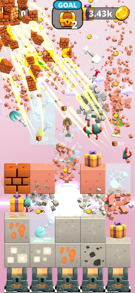 Merge and Dig - Screenshot di gioco di Merge and Dig che mostra strumenti minerari che distruggono blocchi e raccolgono monete d'oro