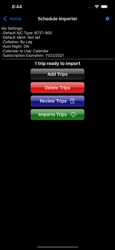 Logbook Pro app interface for importing airline schedules and managing flight trips