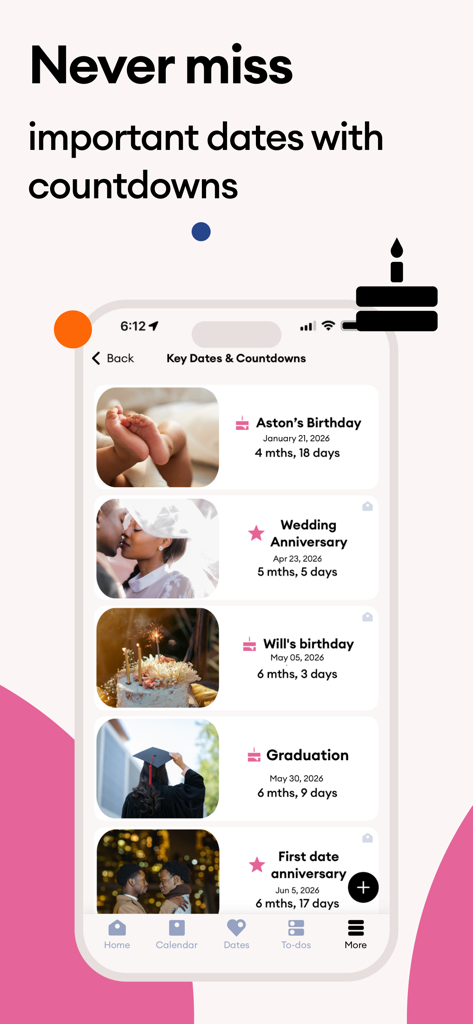 Cupla app interface showing a list of key dates and milestones like anniversaries and birthdays with personalized photos and countdown timers