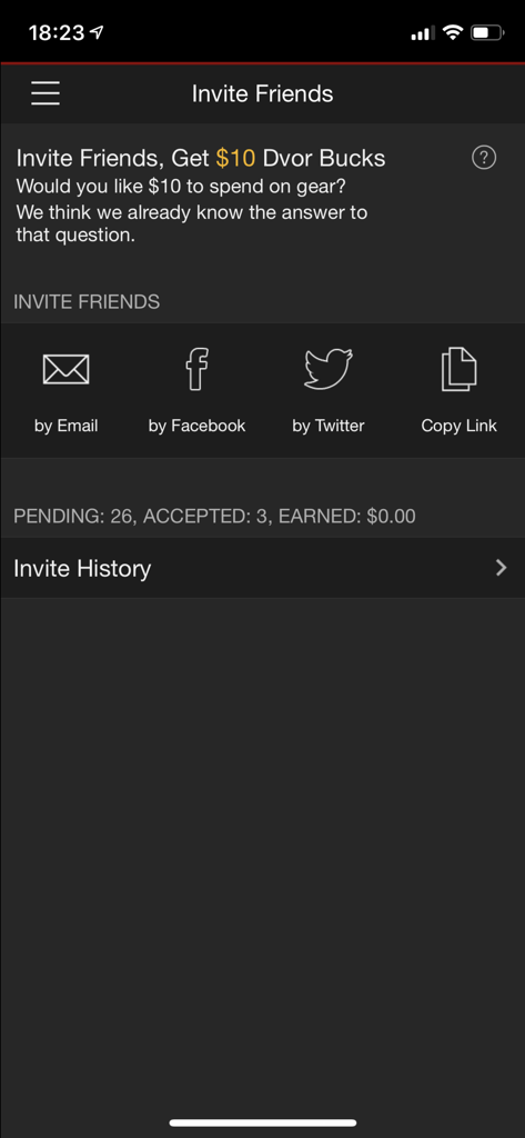 DVOR - Invite friends section of the DVOR app offering referral rewards for gear