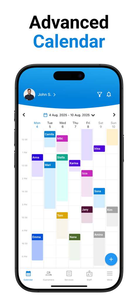 SetTime Appointment Scheduler - Mobile interface showing the advanced weekly calendar of the SetTime appointment scheduler app