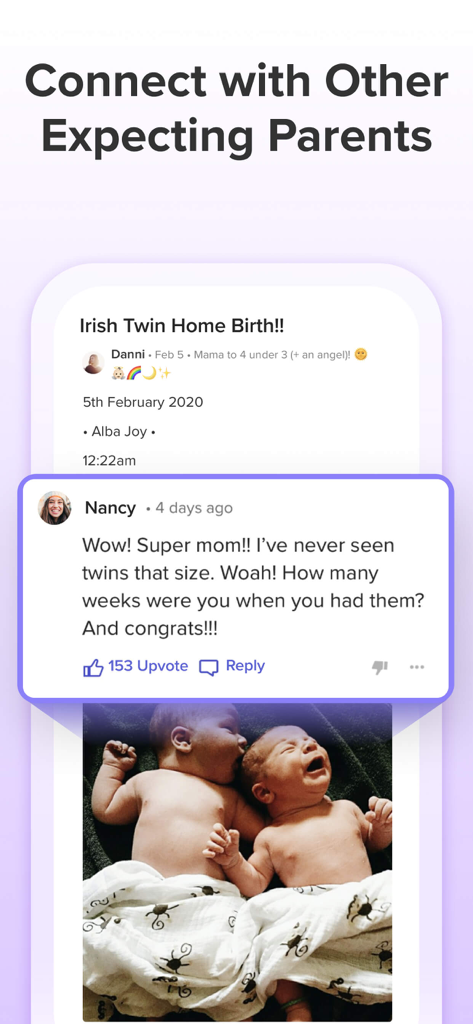 A community interface within the Nurture app titled Connect with Other Expecting Parents showing a post about newborn twins and supportive comments from other users.