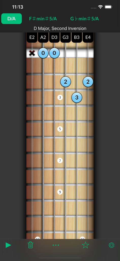 Reverse Chord Finder Pro - Reverse Chord Finder Pro app screen displaying a D Major second inversion chord on a guitar fretboard with note indicators