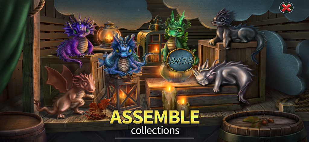 Sparkle of Talent (F2P) - A collection of colorful dragon figurines displayed on wooden crates in the Sparkle of Talent game.