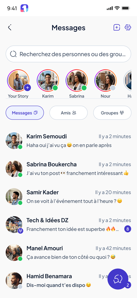 1tik - Messaging interface of the 1tik app showing chat list and user stories