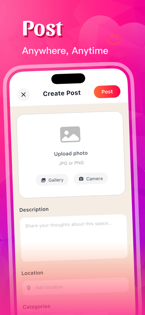 Tata - Chat, Explore, Fun - A mobile interface showing the Create Post screen of the Tata app with options to upload photos and add locations