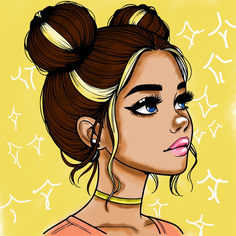 realistic girl with buns on the top of her head
