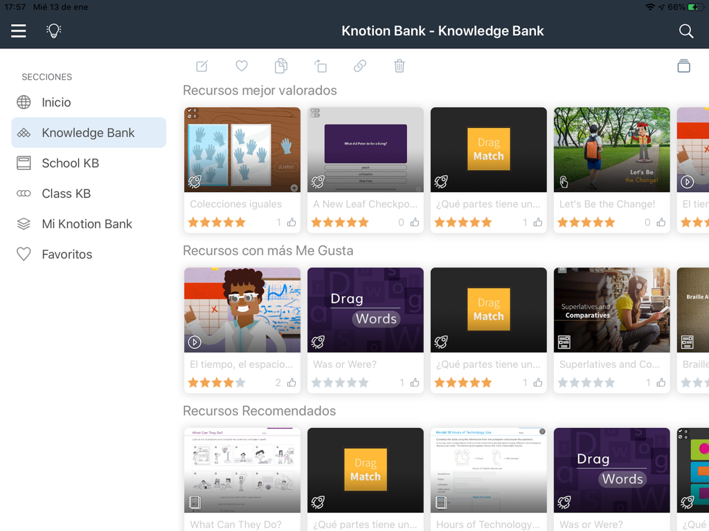 The Knowledge Bank section of the Knotion DEP app on an iPad displaying various educational resource tiles and learning activity categories.