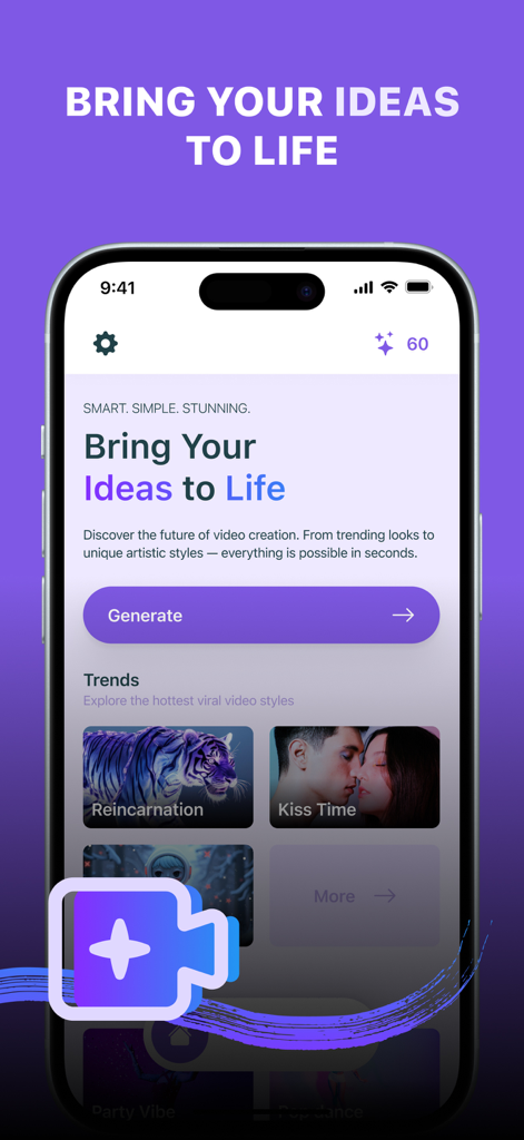 Pantalla de inicio de la aplicación generadora de vídeo IA Pictory en un iPhone mostrando tendencias de vídeo viral y un botón de generar.