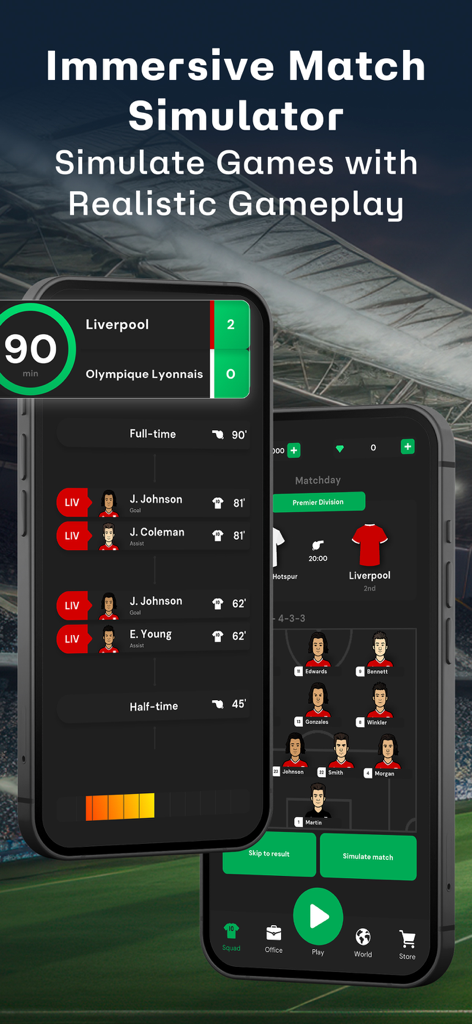 Club Chairman - Football Game - Interfaz del juego de fútbol Club Chairman que muestra los resultados de la simulación de partidos y la formación del equipo.