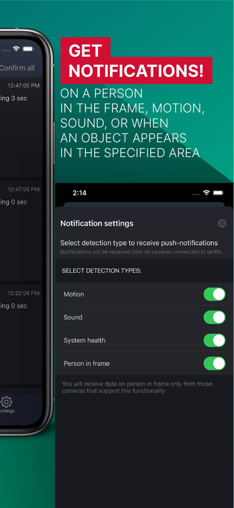 Video Surveillance TRASSIR - Notification settings screen in TRASSIR app for motion sound and person detection alerts