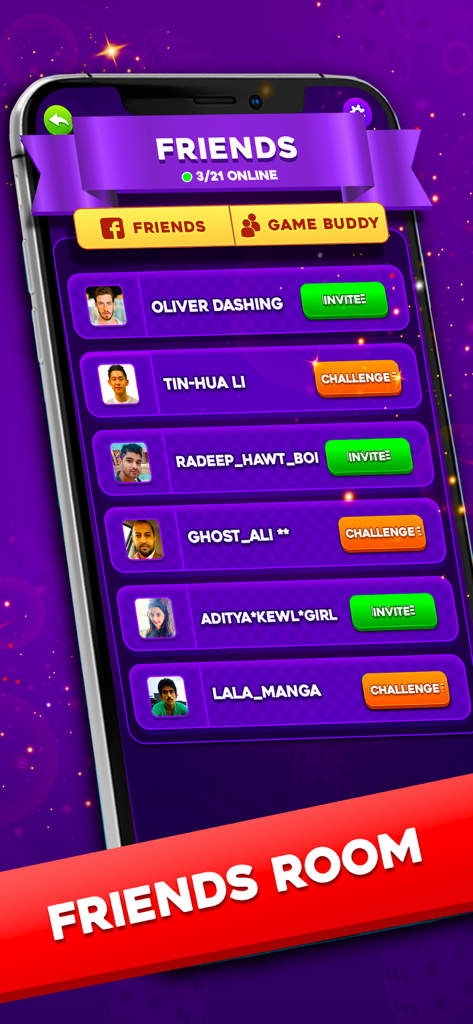 Interface of the Ludo Lush app showing a list of friends with options to invite or challenge them to a game.