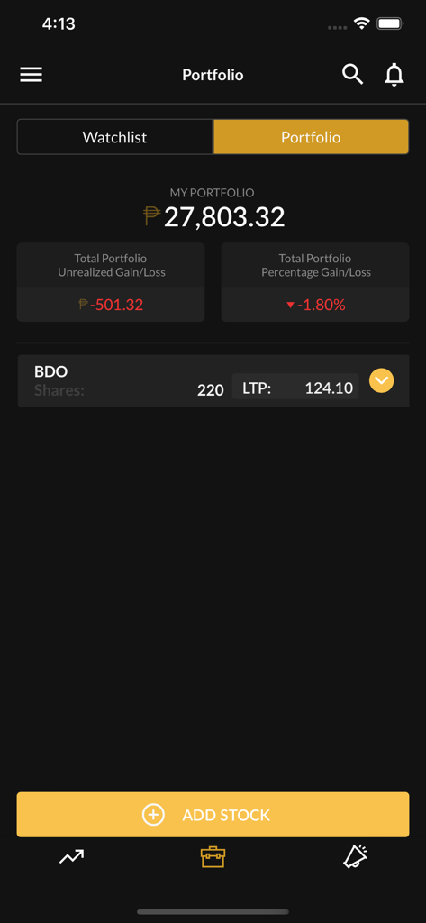 PSE EQUIPアプリのパーソナライズされたポートフォリオセクションのスクリーンショット。フィリピンペソでの総市場価値とBDOのような株式の未実現損益率が表示されています