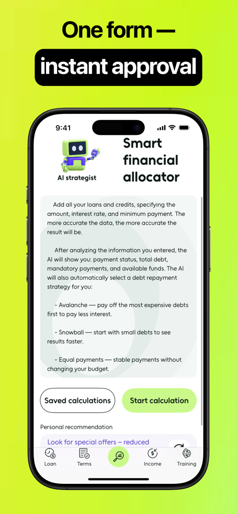 Cash Advance Finder – Paloma - Interface of the Paloma app showing the Smart Financial Allocator feature with AI-driven debt repayment strategies like Avalanche and Snowball
