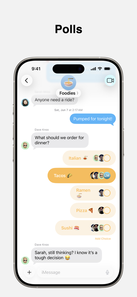 Messages - A group chat in the Apple Messages app displaying a poll with several dinner options like Tacos and Sushi.