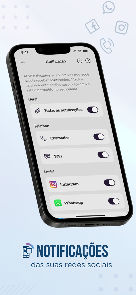 Condor Smart - Una pantalla de smartphone que muestra la configuración de notificaciones de la aplicación Condor Smart para llamadas, SMS, Instagram y WhatsApp.