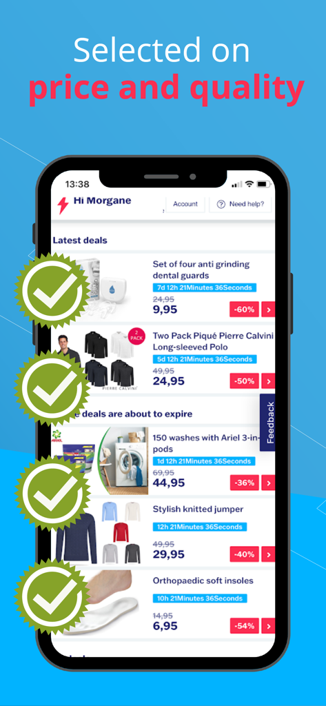 Outspot - Outspot mobile app screen showing discounted flash deals for household and personal items with quality assurance checkmarks