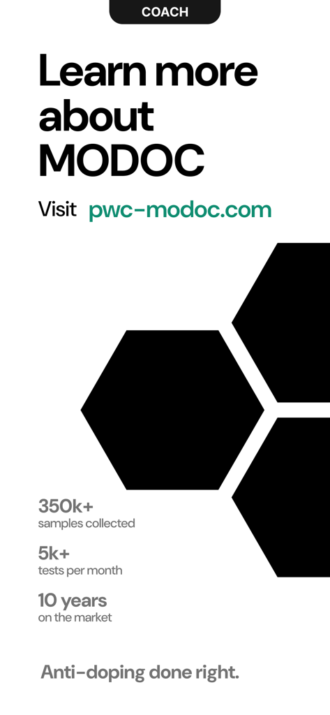 MODOC App Coach info screen showing statistics on samples collected and the anti-doping tagline.