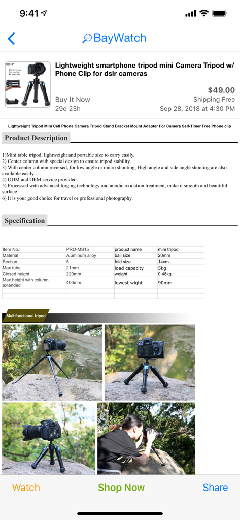 BayWatch - Alerts for eBay - A product detail page in the BayWatch app showing a mini camera tripod listing from eBay with pricing and specifications