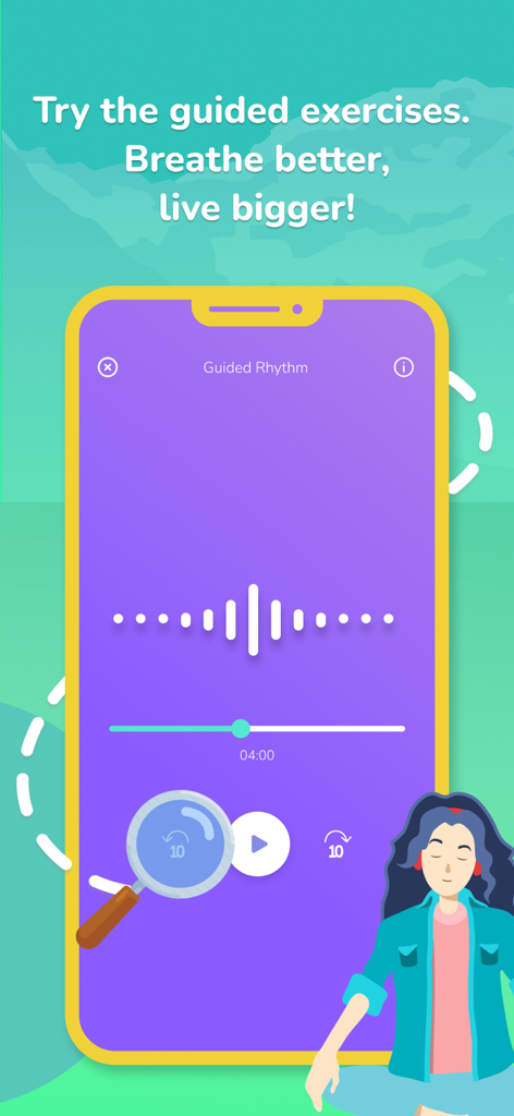 Airyn, the asthma app - Airlyn app screen showing a guided rhythm breathing exercise with a waveform and progress bar